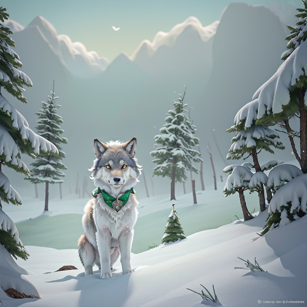 A small, trembling wolf pup with shaggy fur the color of sage green, lost in a foggy and haunted snow covered forest. Its eyes dart around nervously, searching for a way out. Suddenly, it spots a graveyard in the distance, sending shivers down its spine. The pup clutches onto its old, tattered green neck bandana for comfort, but it knows it's in for a spooky adventure.