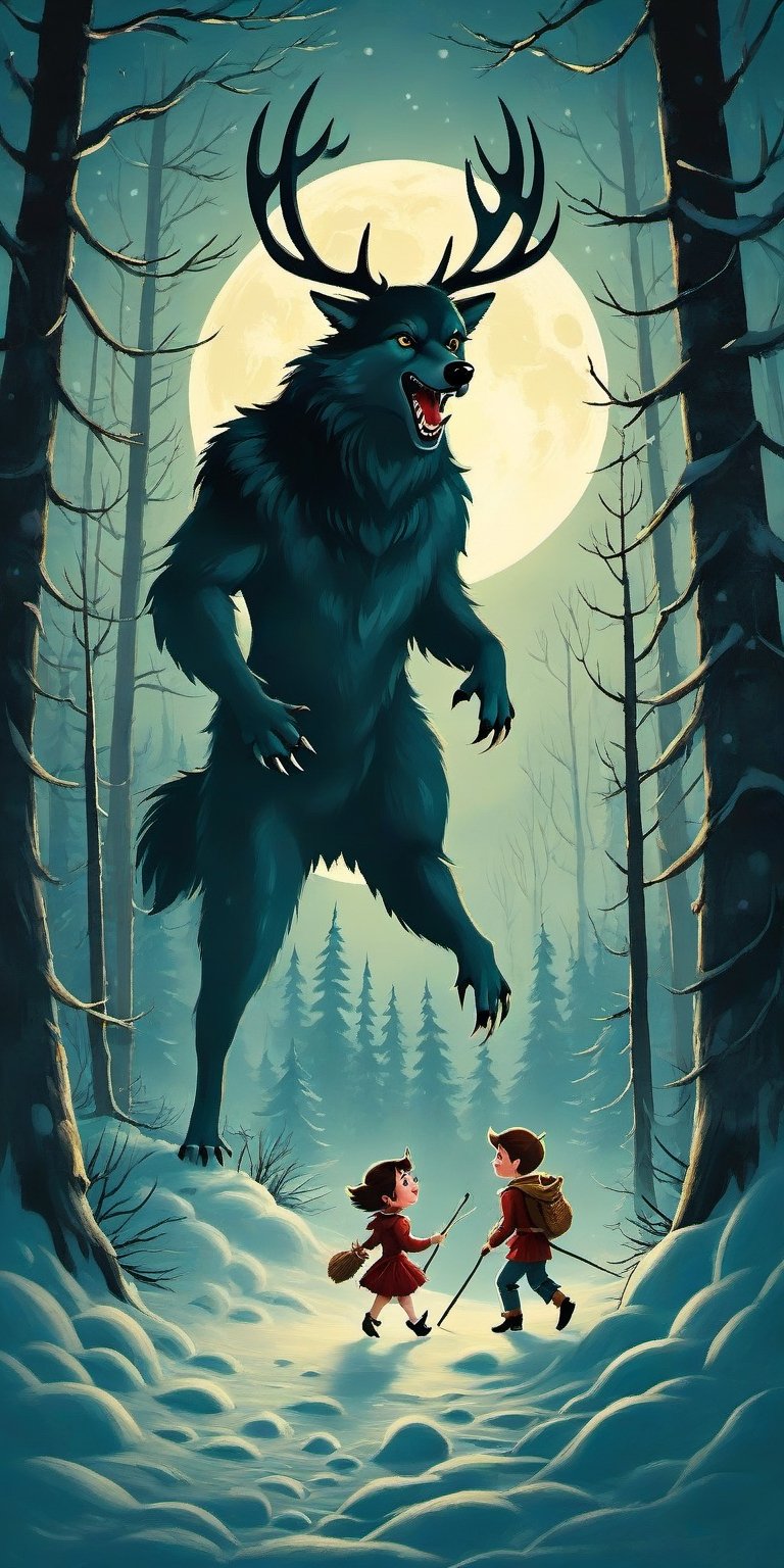 Create a captivating and whimsical 1950s movie poster for a 1920s juvenile horror/humor novel titled "The Howl of the Wendigo," part of the series "The Wolves of Blood Creek" by J.R. Ghostwood.