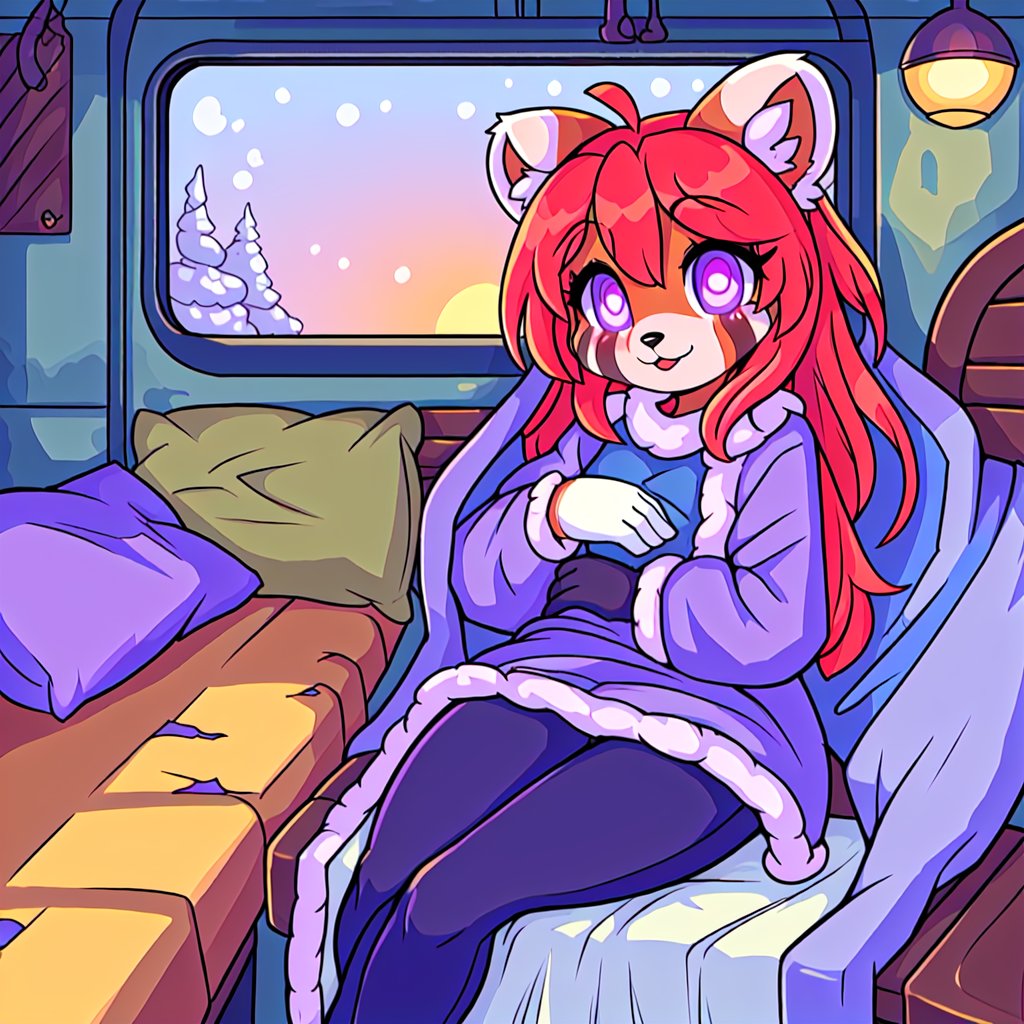 1930s (style), kawaii, female_solo ,oil_lanterns,((inside a broken down dirty,  old abandoned train car with the soft winter sun shinning softy through the front windows, old blankets, bench,old mattress,)), ((red_panda, long_lavender_hair, sapphire_eyes, anthromorph, cute_fang, bed_head, curvy_figure, body scars, indoors, violet_fur, boho_dress, streaked_hair, sleepy, happy_face, cute, ripped_clothing, poor, winter_clothes, sack, gloves, arms_crossed,stained clothes,teenage, crossed_legs_(sitting)