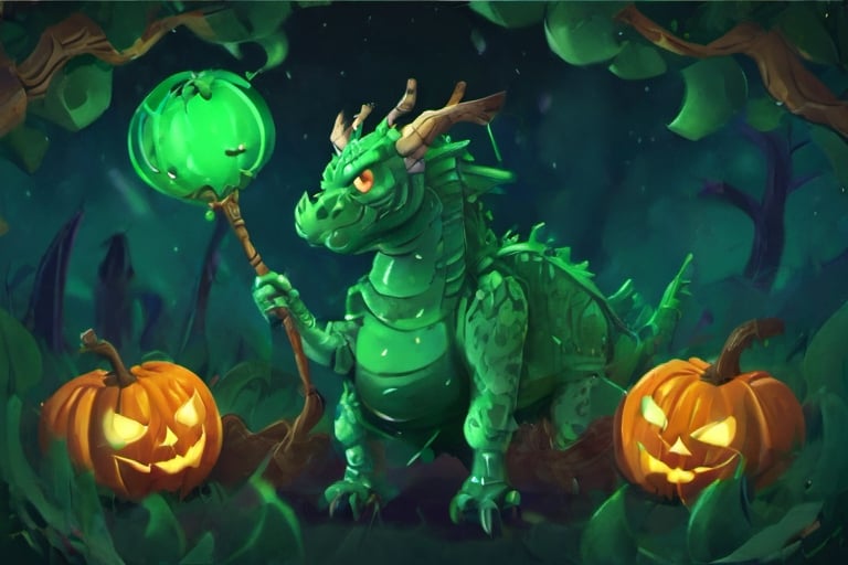 1930s-style, the emerald dragon witch made of vines hiding in a spooky pumpkin patch on Halloween night,3d style, Gill_man,flatee