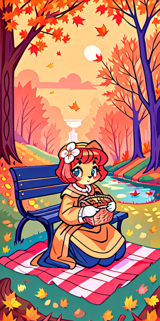 Solo_female,1930s (style), kawaii, outdoor, high_resolution, digital_art,|,a flowery field on a cool autumn afternoon next to a brook| old blankets, bench, picnic, ruck_sack, basket, sack|,vectorstyle