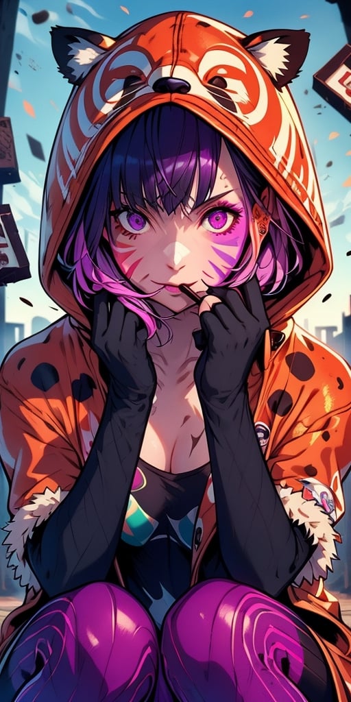 beautiful girl in an abandoned town, red_panda, paw_gloves, Fur_boots, animal_marking, face_paint, chocolate_hair, violet_eyes, furry_jacket,yofukashi background, zombies,hinata