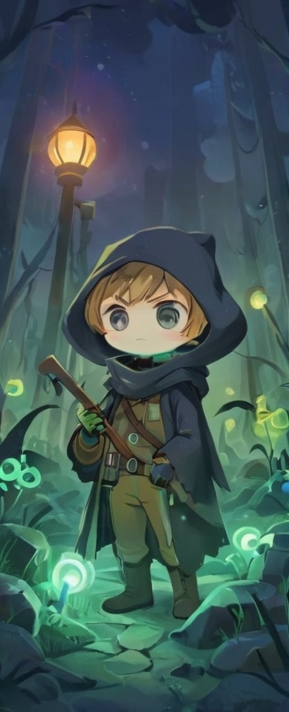 In a desolate world, a young grave digger boy roams the Bioluminescent tundra graveyard, his fur cloak and gas mask shielding him from the toxic air. With his magical miner's lantern and pick ax, he navigates the retro-future, hydro-punk landscape, reminiscent of a 1930s cartoon. But in this world, danger lurks around every corner. Will he find fortune or meet his doom on this treacherous journey?,gas mask,plague_doctor_mask ,Cybermask,3d style,chibi,sticker