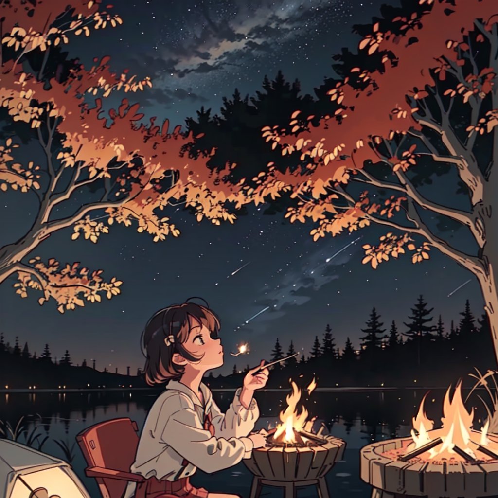 1930s (style), a loli girl roasting marshmallows over a campfire looking up at a stary night surrounded by maple trees, Sketch, autumn_leaves, star_(sky),Lofi,LOFI,cassdawnlvl1,day,EpicArt