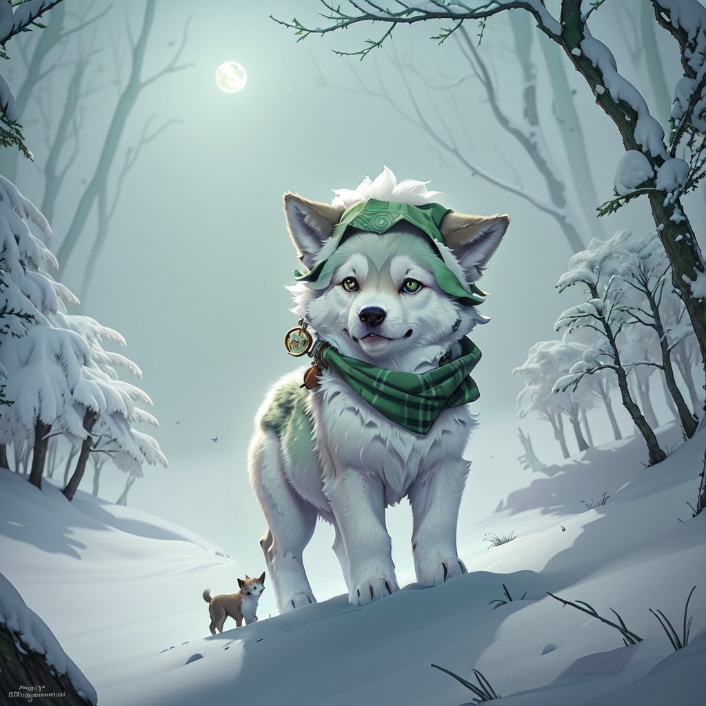 A small, trembling wolf pup with shaggy fur the color of sage green, lost in a foggy and haunted snow covered forest. Its eyes dart around nervously, searching for a way out. Suddenly, it spots a graveyard in the distance, sending shivers down its spine. The pup clutches onto its old, tattered green neck bandana for comfort, but it knows it's in for a spooky adventure.