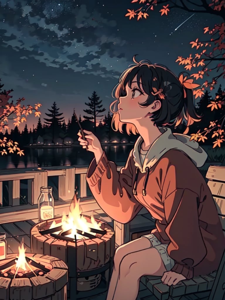 1930s (style), a loli girl in an Adirondack lean-to roasting marshmallows over a campfire looking up at a stary night surrounded by maple trees, Sketch, autumn_leaves, star_(sky),Lofi,LOFI,cassdawnlvl1,day,EpicArt