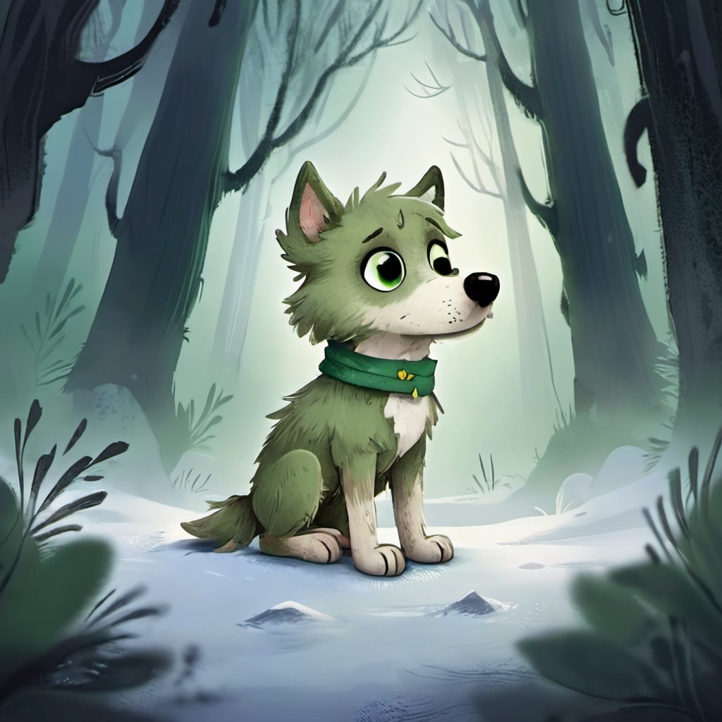 (masterpiece, best quality, ultra-detailed, 8K) A small, trembling wolf pup with shaggy fur the color of sage green, lost in a foggy and haunted forest. Its eyes dart around nervously, searching for a way out. SuddeaA small, trembling wolf pup with shaggy fur the color of sage green, lost in a foggy and haunted snow-covered forest. Its eyes dart around nervously, searching for a way out. Suddenly, it spots a graveyard in the distance, sending shivers down its spine. The pup clutches onto its old, tattered green neck bandana for comfort, but it knows it's in for a spooky adventure. only, it spots a graveyard in the distance, sending shivers down its spine. The pup clutches onto its old, tattered green neck bandana for comfort, but it knows it's in for a spooky adventure.