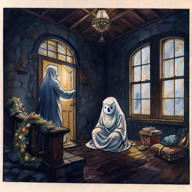 inside  a run down stone house Dickenson's three christmas ghosts visitng a beggar woman weeping at the side of a empty crib, 1930s post card