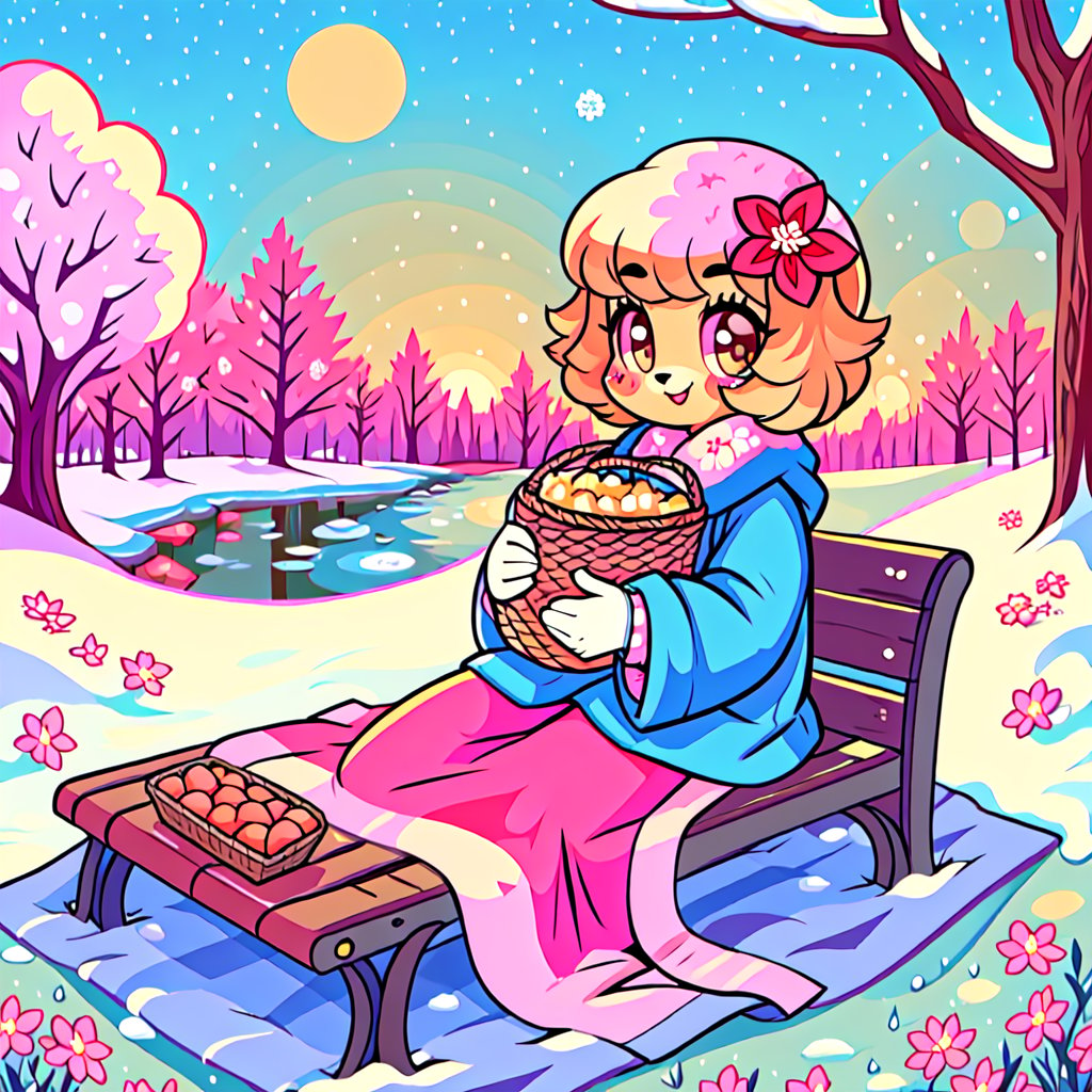 Solo_female,1930s (style), kawaii, outdoor, high_resolution, digital_art,|,a flowery field on a cold winter afternoon next to a brook| old blankets, bench, picnic, ruck_sack, basket, sack|,vectorstyle