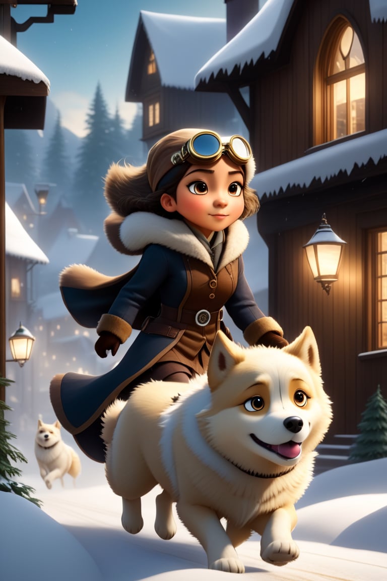 1930s (style), kawaii, chibi, Prompt details
In a snow-covered mountain town in 1920s Oregon, a mysterious and dark atmosphere envelops the scene. The wheelchair-bound 12 year old Inuit witch girl, wearing aviation goggles, is being pulled through the town by a cuddly white golden retriever, their figures barely visible in the dim light. Strategically positioned in the composition, silhouettes of owls and wolves create a sense of movement and anticipation. Experimenting with different levels of motion blur, the creatures appear to glide through the air or swiftly traverse the shadows. Subtle streaks and blurs of falling snowflakes add a dynamic and immersive effect, while the whirling wind takes on a more intense and dramatic appearance. The steampunk-inspired architecture serves as a backdrop, enhancing the enigmatic allure of the scene. This captivating and atmospheric artwork blends elements of mystery, darkness, steampunk, and the natural world, creating a spellbinding tableau.,Movie Still,HZ Steampunk