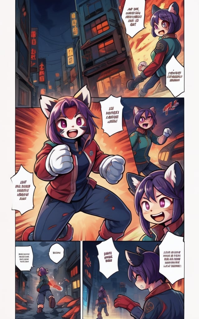 Comic, kawaii, master piece, beautiful girl in an abandoned zombie filled city, red_panda, paw_gloves, Fur_boots, animal_marking, face_paint, chocolate_hair, violet_eyes, furry_jacket,yofukashi background, zombies,hinata,1990s \(style\),kusanagi motoko,city,chundef, action_pose, battle_stance, back_pack,running,teenage , ripped_clothing, bloody_clothes, sweatpants,Circle,vectorstyle, happy_face, hungry,cammy sf6,c.c.,manga,manwha,chara-sheet,comic