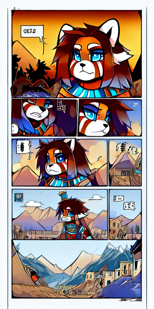 A red panda girl lost in a Sami-Egyptian slum running for Jackal guards| |masterpiece, Sami_Egyptian, mountain, village, cliffs, traditional lanterns,  peaceful, isolated|,sexy,red_panda, ancient_egyptian, lavender_hair, blue_eyes, anthromorph, high_resolution, digital_art, cute_fang, golden_jewelry, messy_hair, curvy_figure, red loin_cloth, body scars, scared,| anubian_jackal. armor, evil, running| 1 page manga,  