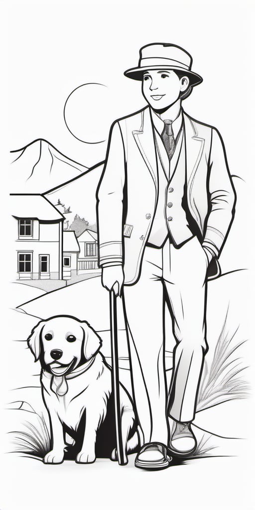 Black and white outline art for kids coloring book. Black and white outline art for kids' coloring book, a young shy crippled young man wearing newsboy cap, limping using a long heavily walking stick, a men's lounge jacket embroidered with Sami symbolism, bohemian vest, and Ascot, worn-out pants hiding his left leg brace, walking a cuddly white golden retriever pup, surrounded by a haunted 1920s Oregon mountain town, nestled in the cliffs, color for children pure white line style white background whole body sketch whole body (((((white background)) )) ), outline only, cartoon style, line art, coloring book, clean line drawing, white background, sketch