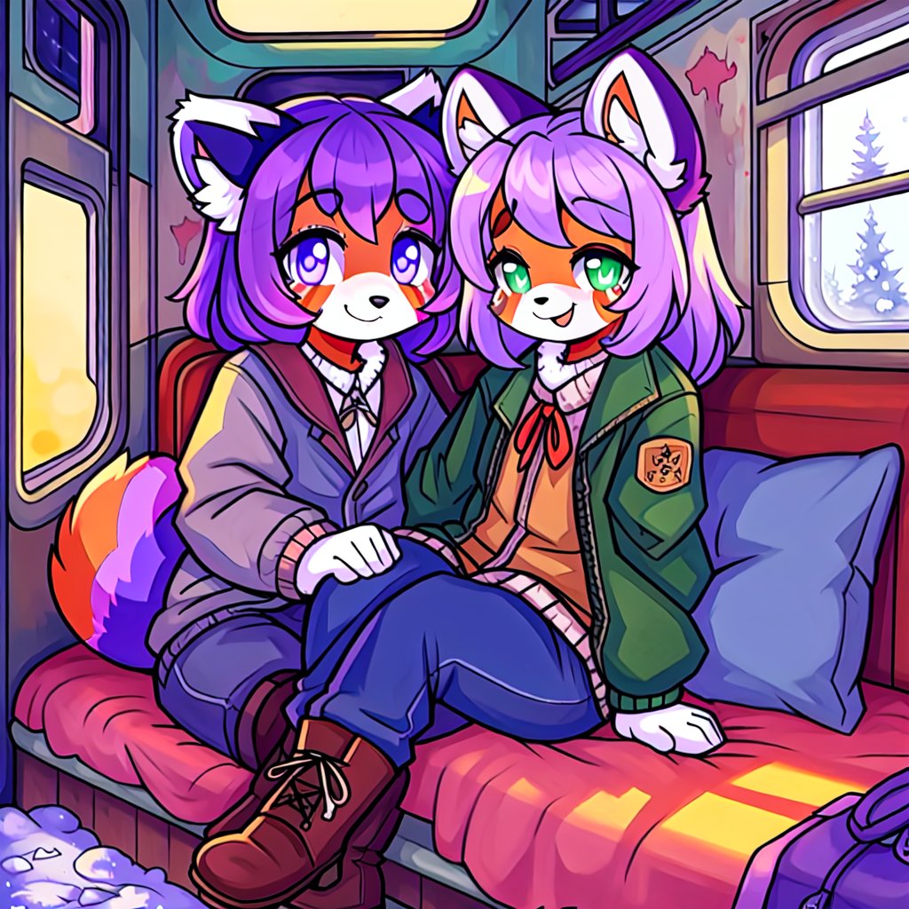 1930s (style), kawaii, indoors, high_resolution, digital_art,|inside a broken down dirty, old abandoned train car with the soft winter sun shinning softy through the windows| old blankets, bench,old mattress, ruck_sack, oil_lanterns, sack|,red_panda, anthromorph, violet_fur, curvy_figure| long_lavender_hair, bed_head, streaked_hair,|,sapphire_eyes, cute_fang, body scars,| cute, ripped_clothing, green_winter_clothes, stained_jacket, gloves, boots,|, happy_face, arms_crossed,teenage, crossed_legs_(sitting), sickness,