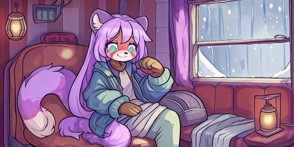 1930s (style), kawaii, indoors, high_resolution, digital_art,|inside a broken down dirty, old abandoned train car with the soft winter sun shinning softy through the windows| old blankets, bench,old mattress, ruck_sack, oil_lanterns, sack| red_panda, anthromorph, violet_fur, curvy_figure| long_lavender_hair, bed_head, streaked_hair| sapphire_eyes, cute_fang, body scars| cute, ripped_clothing, poor, green_winter_clothes,stained_jacket, gloves |, happy_face, arms_crossed,teenage, crossed_legs_(sitting), sickness,