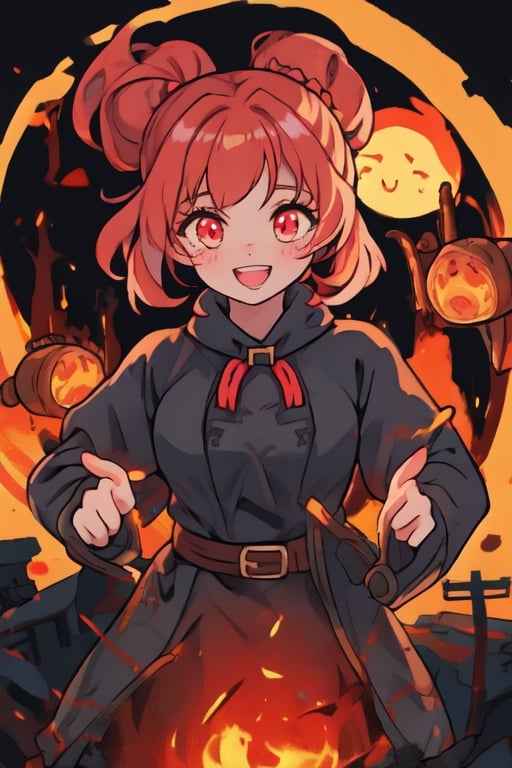 a cute and cheerful female Welsh 13th-century grave digger during the black plague with short strawberry blonde hair and ponytails and glowing ember eyes casting ghostly fire magic with an old magical miners lamp, in a haunted mountain town. Anime Cartoon