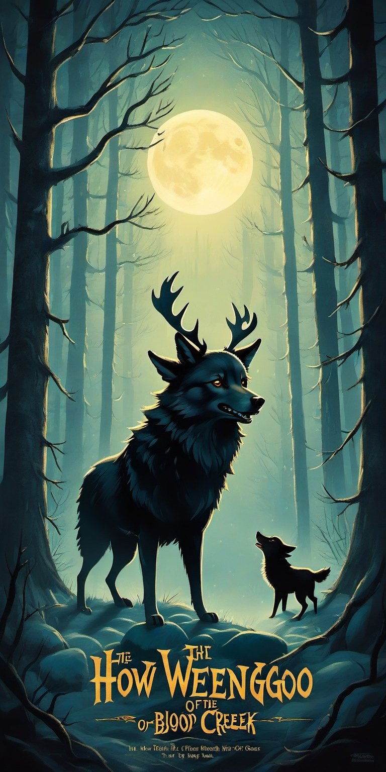 Create a captivating and whimsical 1950s movie poster for a 1920s juvenile horror/humor novel titled "The Howl of the Wendigo," part of the series "The Wolves of Blood Creek" by J.R. Ghostwood.