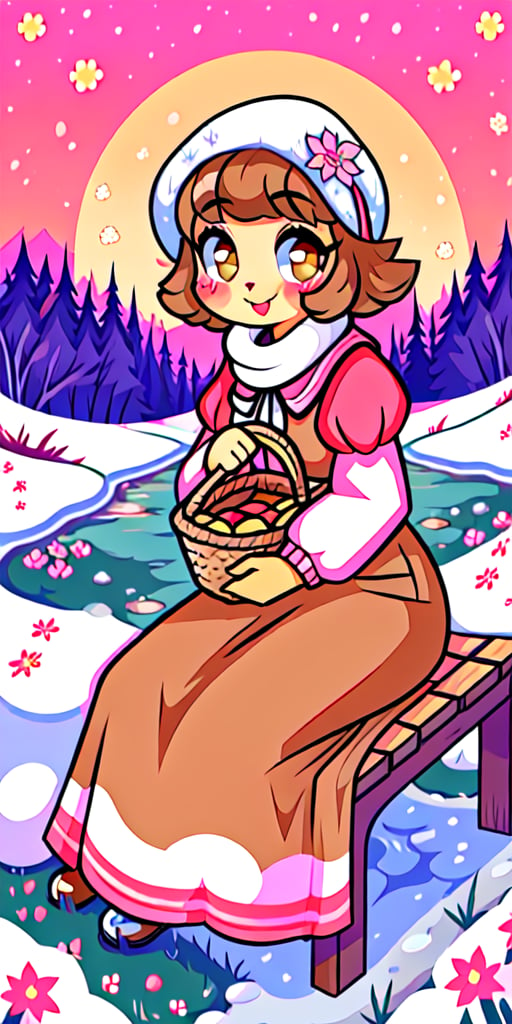 Solo_female,1930s (style), kawaii, outdoor, high_resolution, digital_art,|,a flowery field on a cold winter afternoon next to a brook| old blankets, bench, picnic, ruck_sack, basket, sack|,vectorstyle