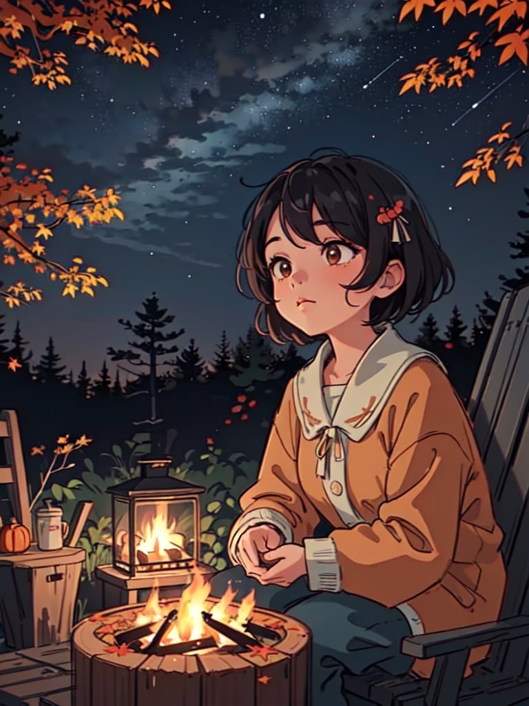 1930s (style), a loli girl in an Adirondack lean-to roasting marshmallows over a campfire looking up at a stary night surrounded by maple trees, Sketch, autumn_leaves, star_(sky),Lofi,LOFI,cassdawnlvl1,day,EpicArt