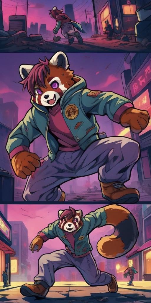 1930s (style), Comic, kawaii, master piece, beautiful boy in an abandoned zombie filled city, red_panda, paw_gloves, Fur_boots, animal_marking, face_paint, chocolate_hair, violet_eyes, furry_jacket,yofukashi background, zombies,hinata,1990s \(style\),kusanagi motoko,city,chundef, action_pose, battle_stance, back_pack,running,teenage , ripped_clothing, bloody_clothes, sweatpants,Circle,vectorstyle, happy_face, hungry,cammy sf6,c.c.,manga,manwha,chara-sheet, animal_tail