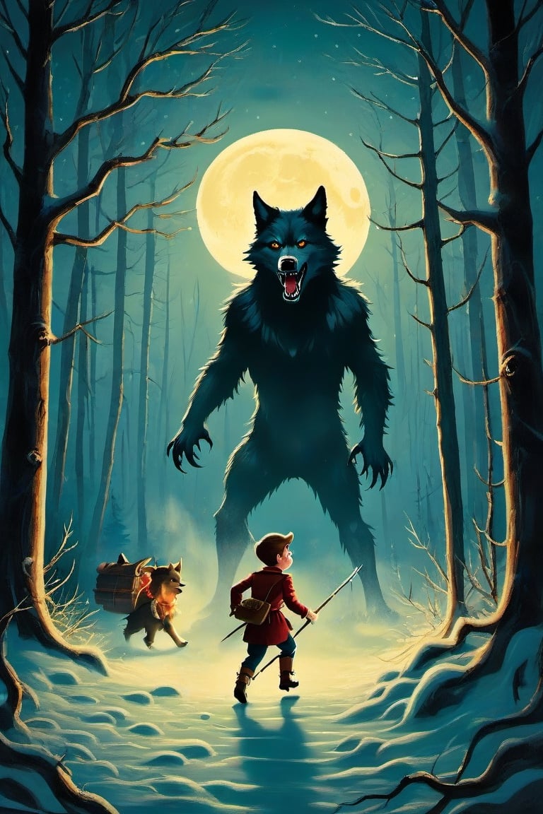 a 1950s movie poster for a 1920s Create a captivating and whimsical book cover for the juvenile horror/humor novel titled "The Howl of the Wendigo," part of the series "The Wolves of Blood Creek" by J.R. Ghostwood.