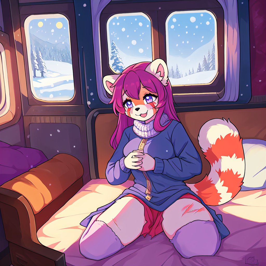 1930s (style), kawaii, inside a peaceful and relaxing  old abandoned train car with the soft winter sun shinning softy through the front windows, red_panda, long_lavender_hair, sapphire_eyes, anthromorph, high_resolution, digital_art, cute_fang, bed_head, curvy_figure, body scars, female, indoors, blue_fur, boho_dress, streaked_hair, sleepy, hugging_knees, happy_face, cute_fang, cute, sleeping, ripped_clothing, poor, winter_clothes, sack