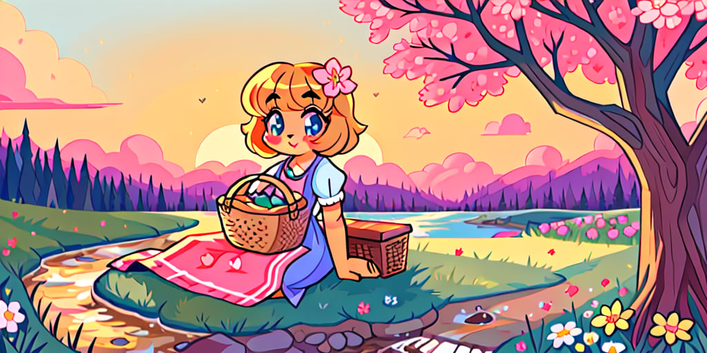 Solo_female,1930s (style), kawaii, outdoor, high_resolution, digital_art,|,a flowery field on a cool summer afternoon next to a brook| old blankets, bench, picnic, ruck_sack, basket, sack|,vectorstyle