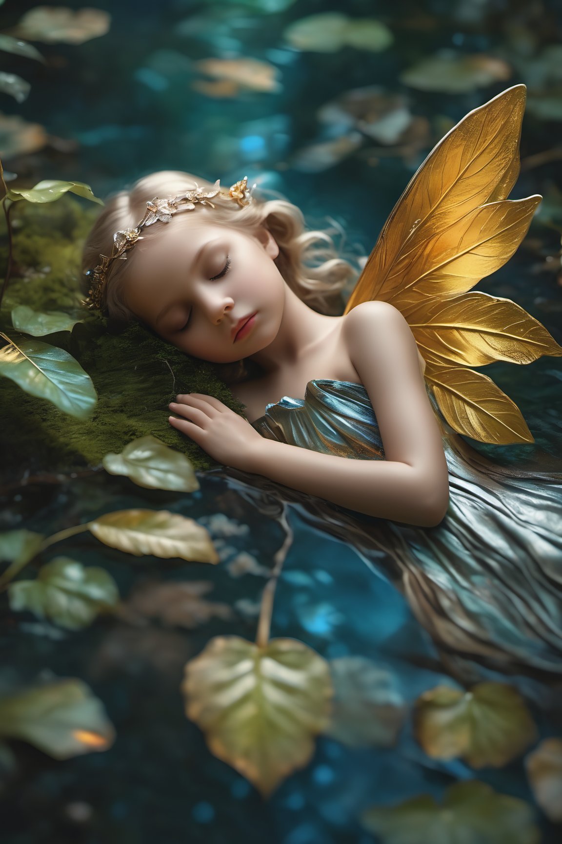 From above,full_body,High resolution, extremely detailed, atmospheric scene, masterpiece, best quality, 64k, high quality, (HDR), HQ , illustration, very detailed, beautiful and aesthetic, a detailed image of a beautiful fairy sleeping on one leaf floating on crystal clear waters, the fairy's skin is shiny and perfect slightly covered with golden powder, she's sleeping in fetal position, she has wings similar to a hummingbird bathed in silver, dressed in a tiny suit, her blond hair is loose and she is barefoot, the leaf where she sleeps is fresh and its veins are shiny and its surface glossy, the water is so clear that you can see the colorful rocky background,(ultra quality image), Highly detailed, (ultra detailed image), ultra high res,  (cinematic light), overcast lighting,lens flare, (vibrant color), ambient lighting, Exquisite details and textures, cinematic shot, ultra-detailed, ultra highres, uhd, diorama close up, 1 girl,high detailed background,((full body on frame)),Add more details