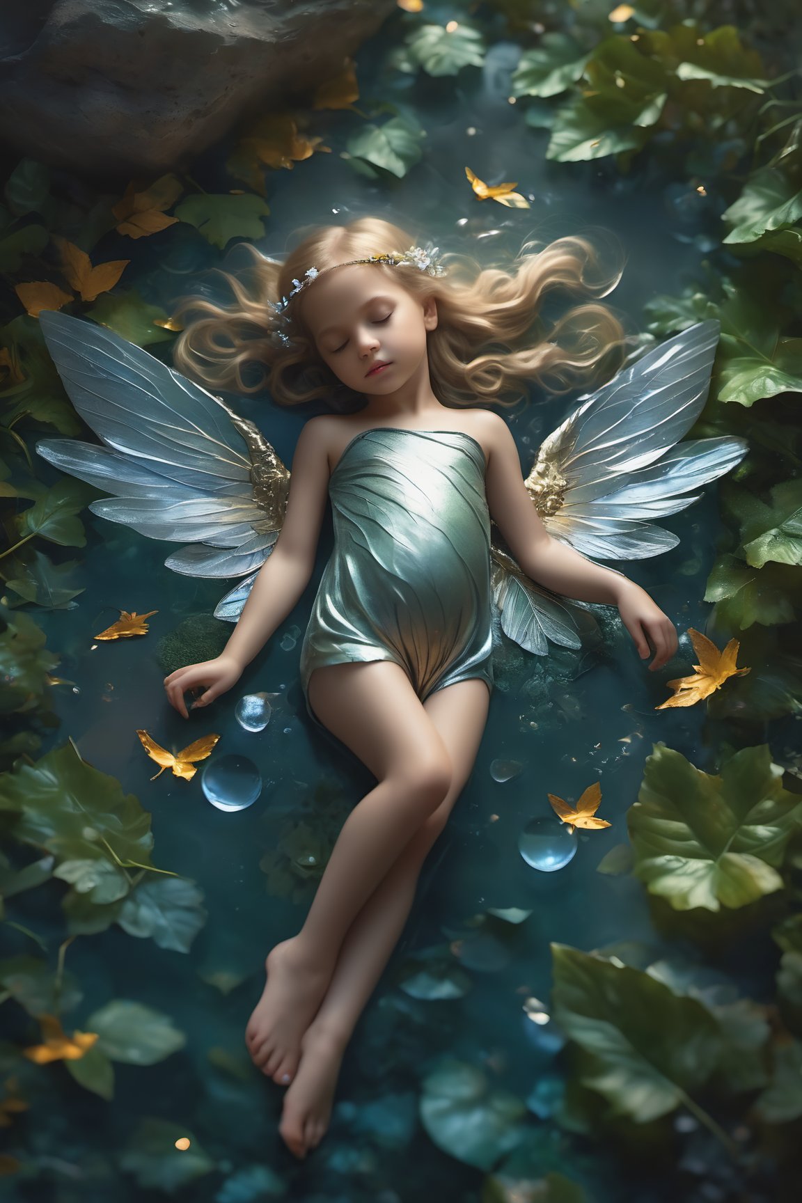From above,full_body,High resolution, extremely detailed, atmospheric scene, masterpiece, best quality, 64k, high quality, (HDR), HQ , illustration, very detailed, beautiful and aesthetic, a detailed image of a beautiful fairy small like a thumb sleeping on one leaf floating on crystal clear waters, the fairy's skin is shiny and perfect slightly covered with golden powder, she's sleeping in fetal position, she has wings similar to a hummingbird bathed in silver, dressed in a tiny suit, her blond hair is loose and she is barefoot, the leaf where she sleeps is fresh and its veins are shiny and its surface glossy, the water is so clear that you can see the colorful rocky background,(ultra quality image), Highly detailed, (ultra detailed image), ultra high res,  (cinematic light), overcast lighting,lens flare, (vibrant color), ambient lighting, Exquisite details and textures, cinematic shot, ultra-detailed, ultra highres, uhd, diorama close up, 1 girl,high detailed background,((full body on frame)),Add more details