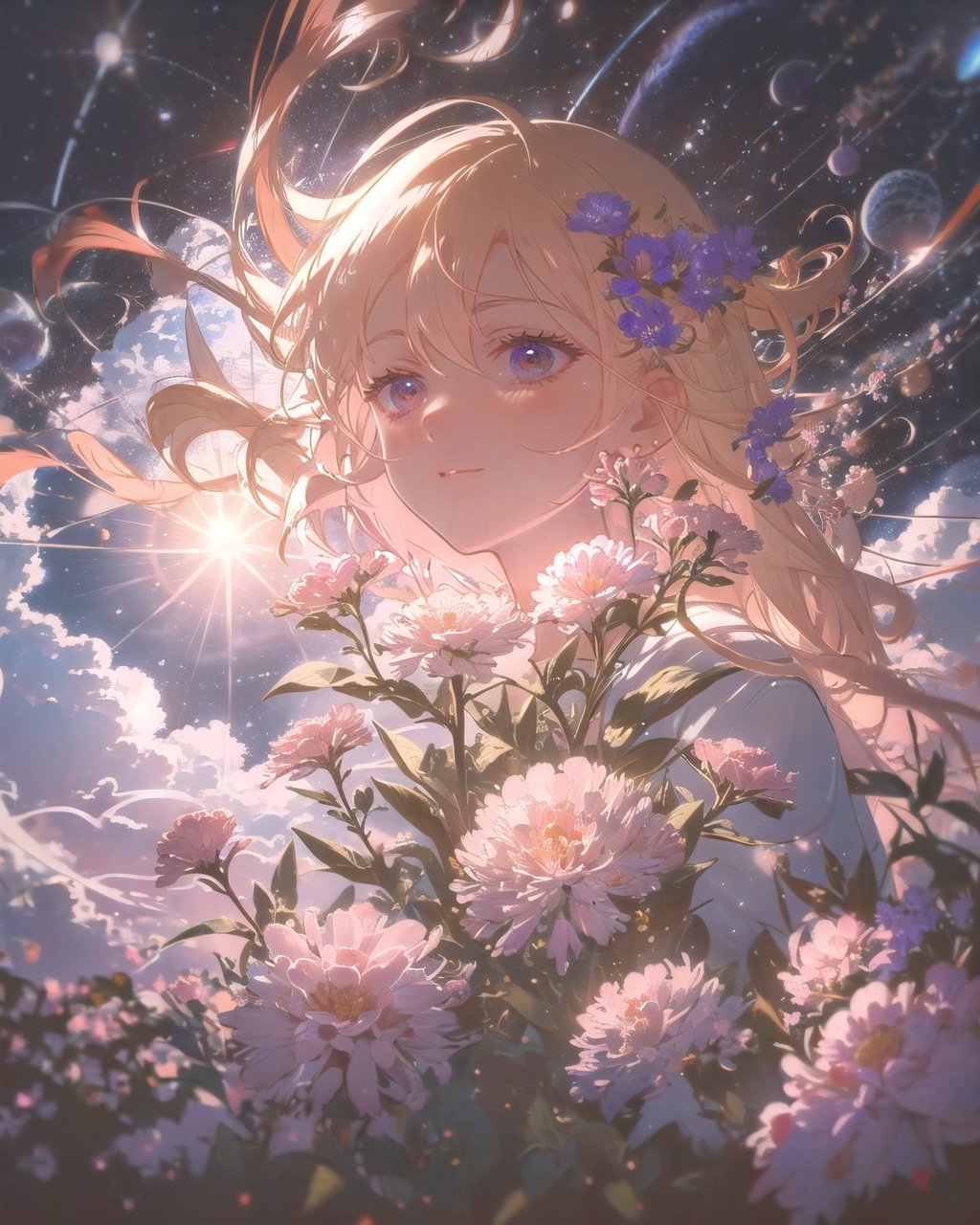 woman, flowers, long hair, sun, clouds, space, stars, shiny