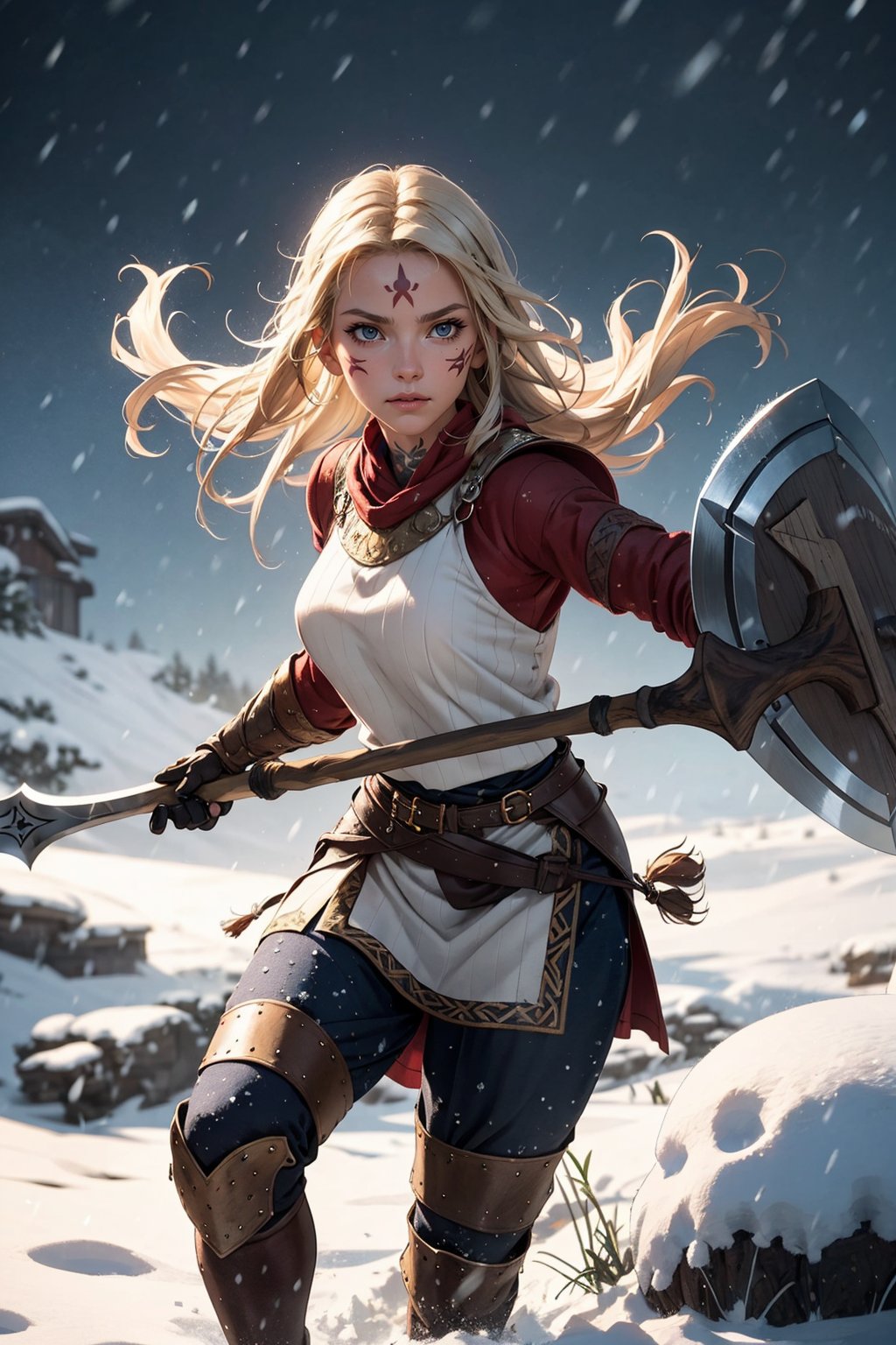 a viking woman in a viking outfit with a viking helmet in a snowstorm with a stern look with an axe in her hand, light effect, special effects, action position, front_view, tattoo on the face