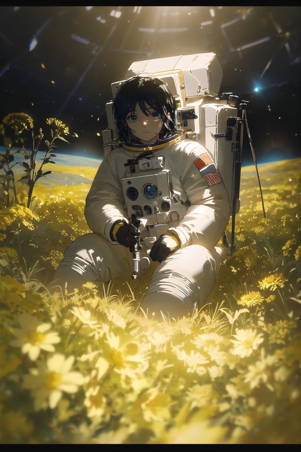 (masterpiece, best quality), cinematic composition, letterboxed, depth of field, solo focus, astronaut sitting in a field of yellow flowers with resting on the ground, gloves, yellow flower, black gloves, spacesuit, science fiction, sunlight, black hair, blue eyes, looking at viewer