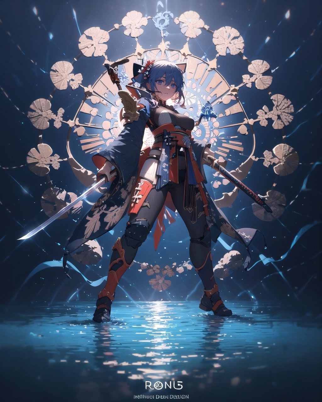 woman, medium breasts, sword in water, ronin, blue fractal background, lighting eyes, shadow, full body view, charac design, action pose