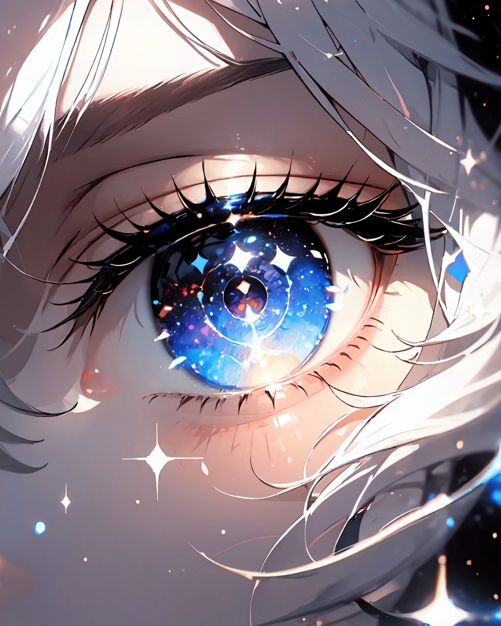 1girl, white hair, symbol-shaped pupils, space goddess, galaxy, light particles, light rays, wallpaper, high contrast, colorful,