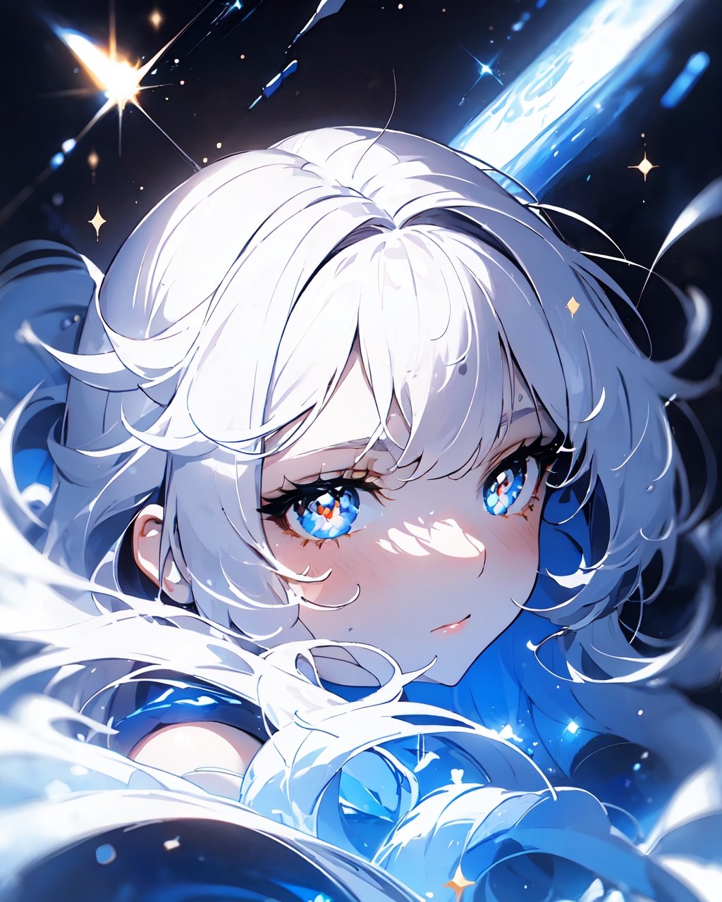 1girl, white hair, symbol-shaped pupils, space goddess, galaxy, light particles, light rays, wallpaper, high contrast, colorful,