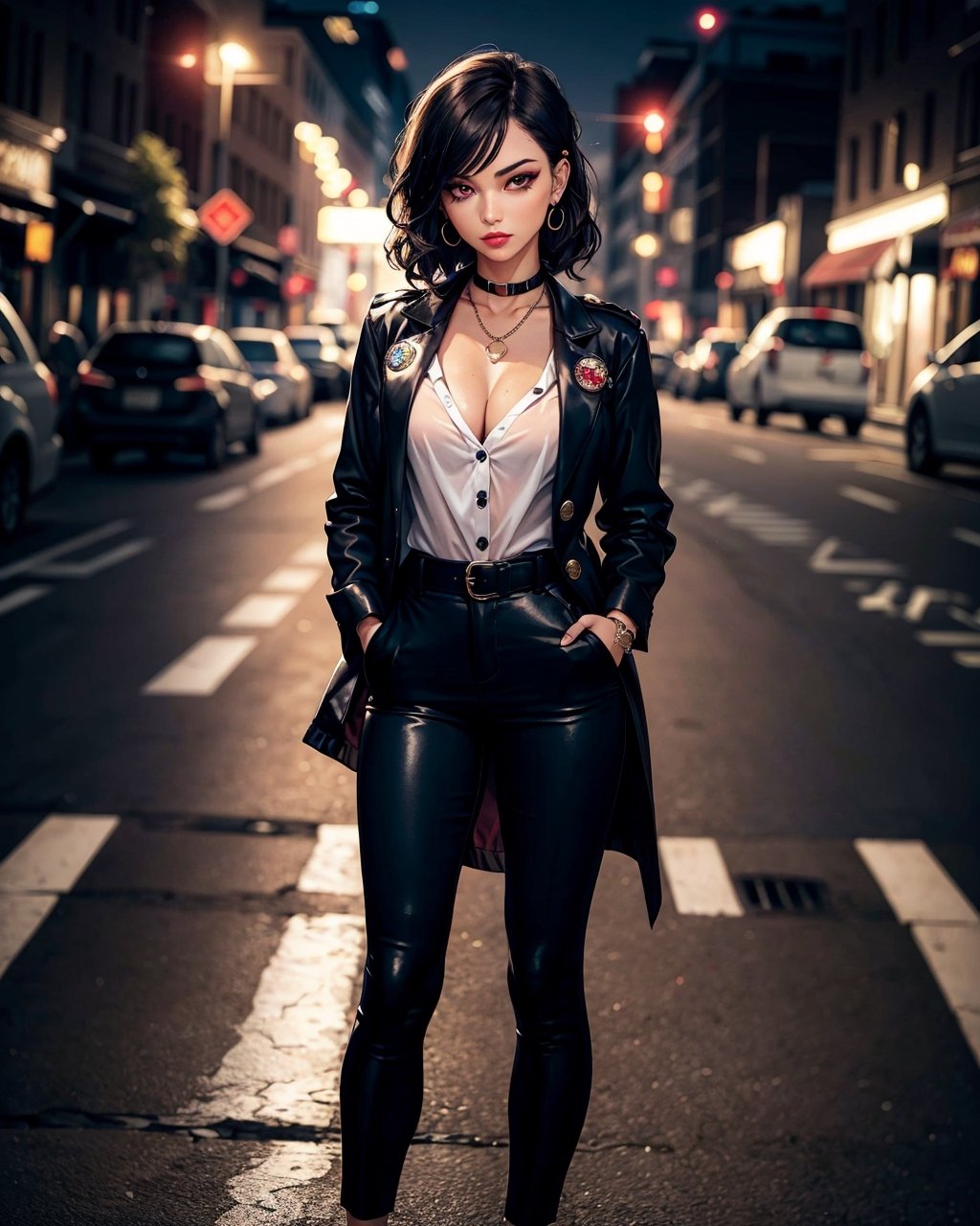 beautiful woman, middle breasts, detective, black jacket, white shirt, serious, short wavy hair, hands in pockets, looks to the sides, lipsticks, first button undone, neckline, black heeled shoes, street, inspector badge, rotating beacon lights, intense look, bright eyes, red eyes, ear piercings, classy, elegant, sensual, attractive, perfect, makeup, feminine, cute, sexy