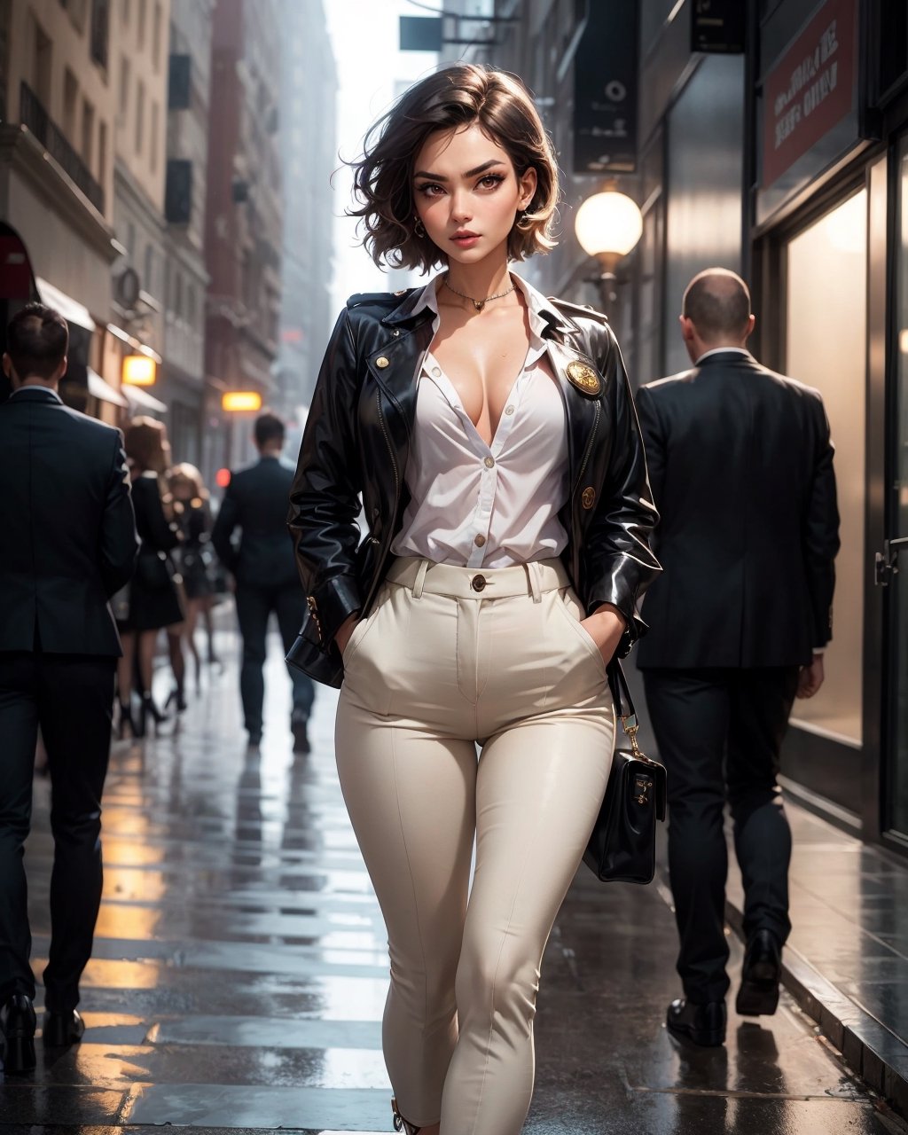 beautiful woman, middle breasts, detective, black jacket, white shirt, blakc pant, serious, short wavy hair, hands in pockets, looks to the sides, lipsticks, first button undone, neckline, black heeled shoes, street, inspector badge, rotating beacon lights, intense look, bright eyes, red eyes, ear piercings, classy, elegant, sensual, attractive, perfect, makeup, feminine, cute, sexy, action pose, walking