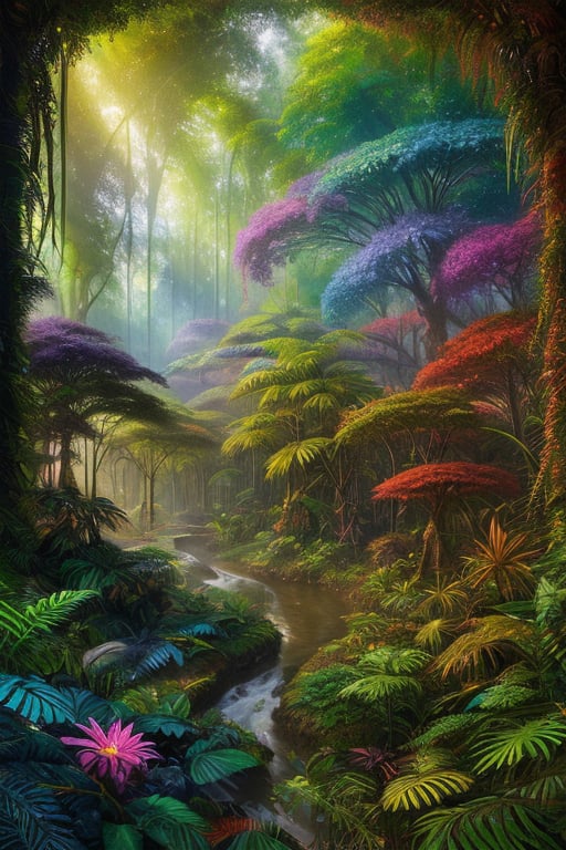 An amazon mystical forest valley, diverse color flora, fantasy art,fantasy,  ray tracing 