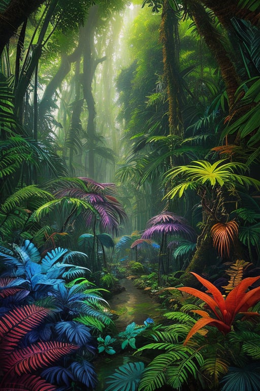 An amazon mystical forest, diversecolor flora, fantasy art,fantasy,  ray tracing 