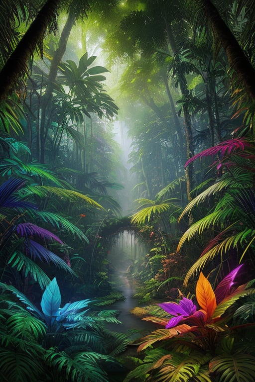 An amazon mystical forest, diversecolor flora, fantasy art,fantasy,  ray tracing 