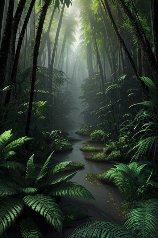 An amazon mystical forest, diverse black color flora, fantasy art,fantasy,  ray tracing 