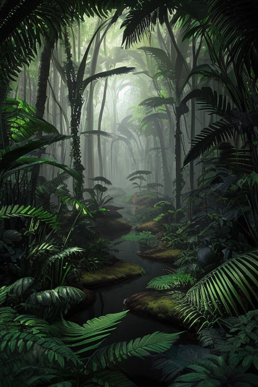 An amazon mystical forest, diverse black color flora, fantasy art,fantasy,  ray tracing 