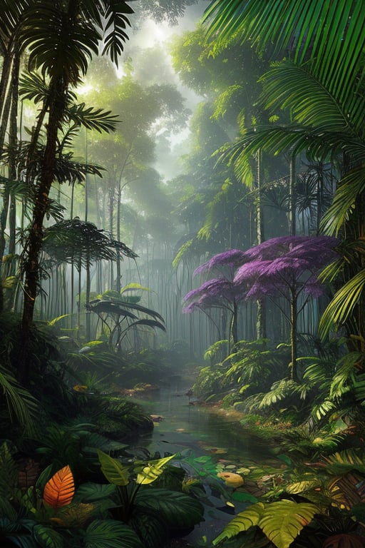 An amazon mystical forest, diversecolor flora, fantasy art,fantasy,  ray tracing 