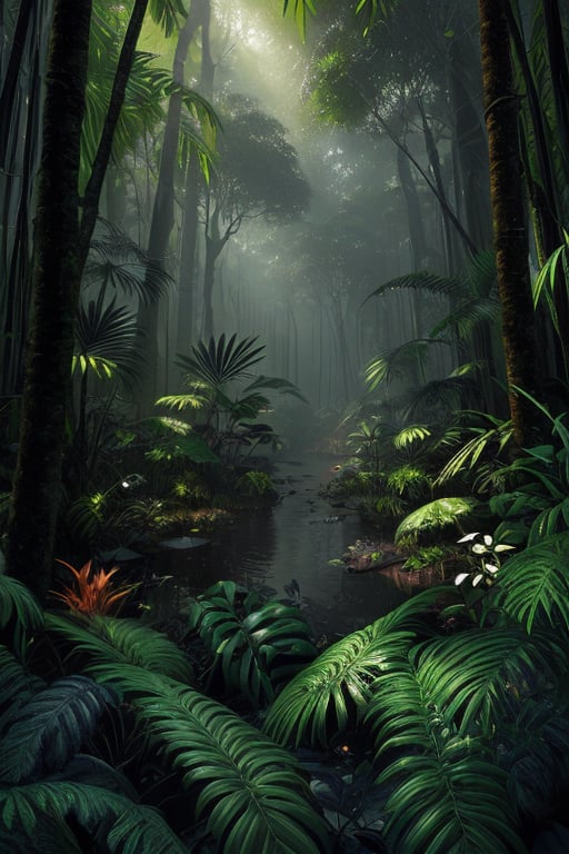 An amazon mystical forest, diverse black color flora, fantasy art,fantasy,  ray tracing 