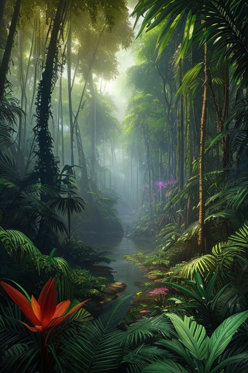 An amazon mystical forest, diversecolor flora, fantasy art,fantasy,  ray tracing 