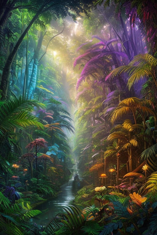 An amazon mystical forest valley, diverse color flora, fantasy art,fantasy,  ray tracing 