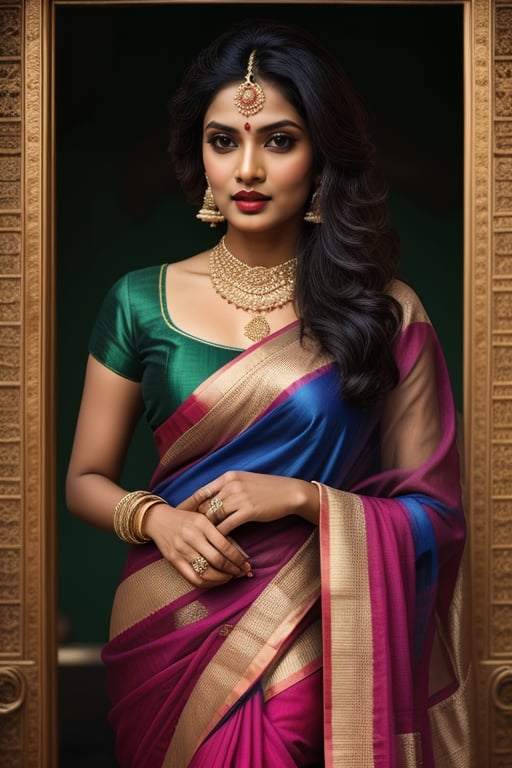 In a stunning composition featuring a beautiful woman, the scene is illuminated by beautiful light, creating a dramatic atmosphere that enhances the ultra-quality of the image. The intricately detailed dramatic image captures the essence of a rainfall, with a rainbow adding a touch of transparency and subtlety to the overall beauty.

The woman, adorned in a pink silk saree, stands against a lush green background. Her hands, detailed and beautiful, are elegantly covered by the intricate design of the saree. The detailed fingers showcase the artistry involved, and her eyes are a focal point, conveying a sense of depth and emotion.

Adding a touch of cultural richness, the woman is adorned in Hindi-type makeup, enhancing the overall allure. The composition is so stunning that it can be likened to a masterpiece by Leonardo da Vinci. The cover features the woman from top to bottom, showcasing the meticulous details of her attire and the overall scene.

To add a touch of charm, the woman is engaged in conversation with her pet parrot. The image captures not just the physical beauty but also the emotional connection between the woman and her feathered companion, creating a scene that is both visually captivating and emotionally resonant.