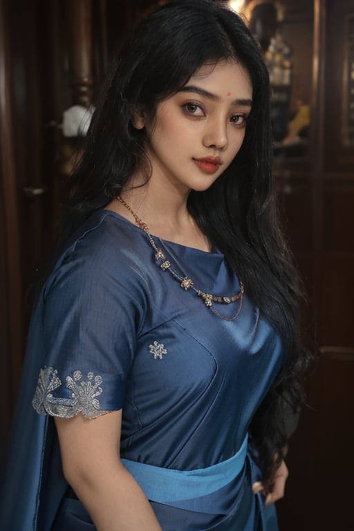 20 aged tamilnadu girl , curly black long hair , wearing blue silk  saree , thick square face , filled lips , temple , nomal breast , round ass , fit girl , wearing thin  jewels ,m4d4m,Indian,Anyageraldine