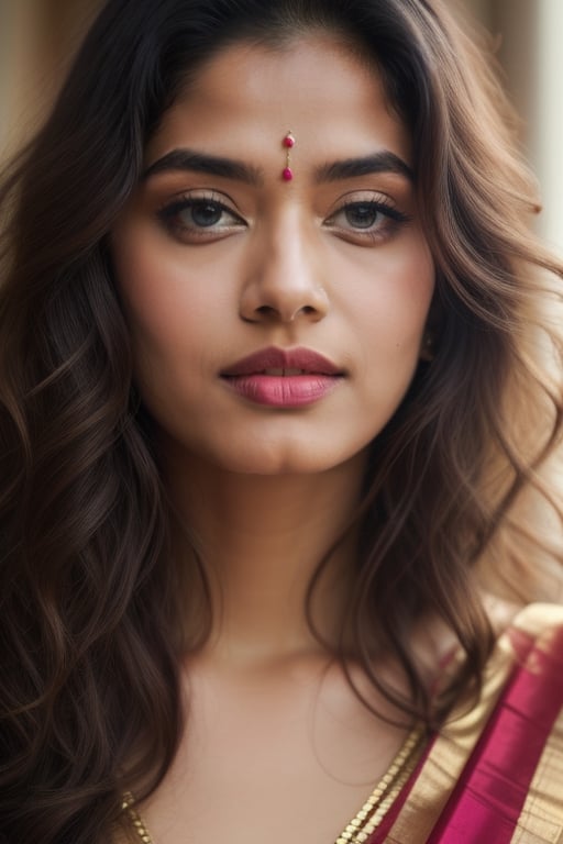 (best quality, highres, masterpiece:1.2), ultra-detailed, (realistic, photorealistic, photo-realistic:1.37), beautiful detailed eyes, beautiful detailed lips, extremely detailed eyes and face, long eyelashes, [silk saree], [curly hairs], [thin face], [Temple background], vivid colors, soft lighting, Indian traditional, portrait, subtle color palette, gentle shadows,