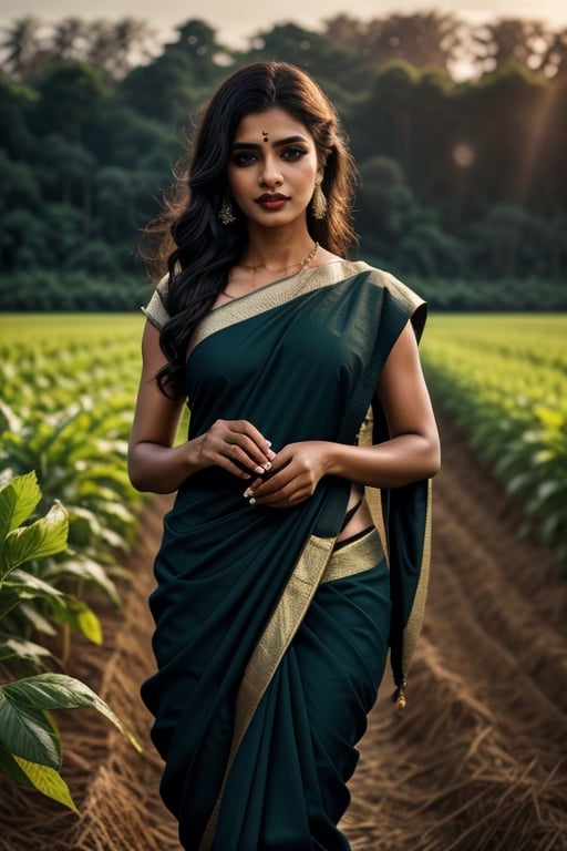 Beautiful woman, beautiful light, dramatic atmosphere, ultra quality,  stunning, intricately detailed dramatic image ,plant in hand ,transparency, subtlety, kerala type Makeup,  agriculture field backgroud, beautiful hands, detailed fingers,detailed eyes, black color saree , leonardo , cover with dress top to bottom 
